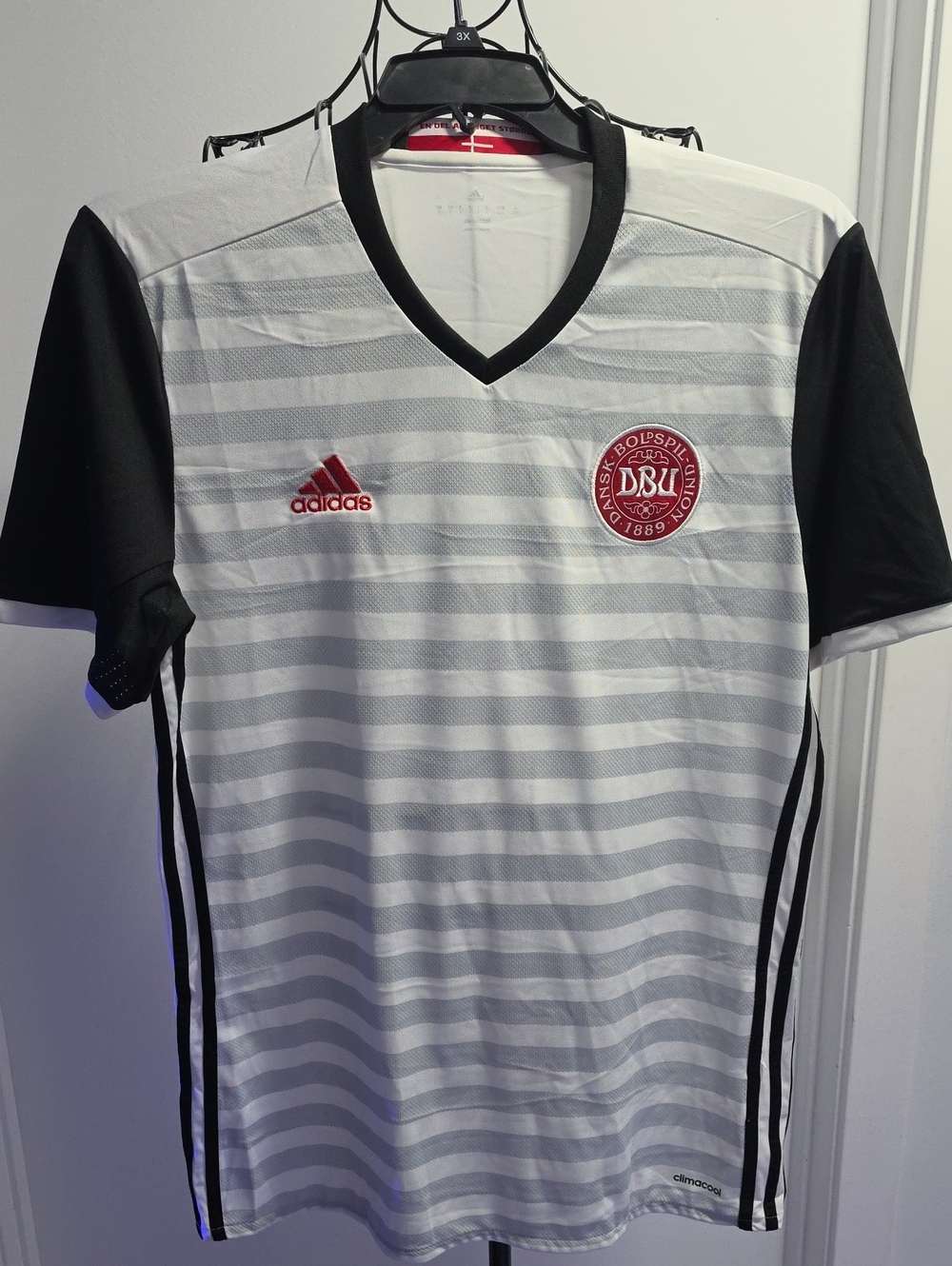 adidas White & Black Denmark Football Jersey with Red Crest